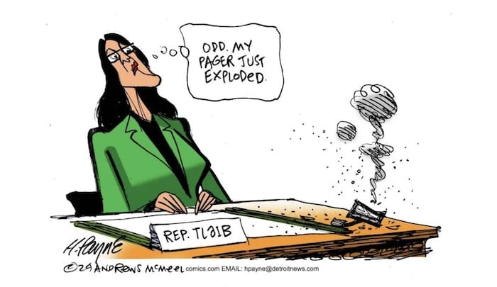 Tlaib Cries ‘Islamophobia’ Over Cartoon Showing Her with Exploded Pager